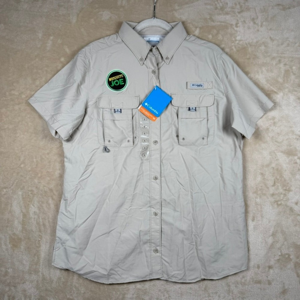 Columbia Mens L PFG Bahama II NWT Fishing Shirt Tan‎ Short Sleeve Mosquito Joe